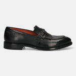 Men's Bugatti kiltie loafer black leather shoes with a round toe and apron toe featuring a stacked heel , a leather outsole.
