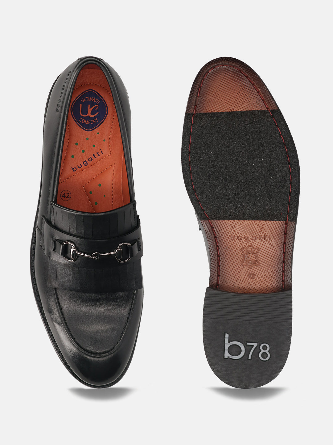 Men's Bugatti kiltie loafer black leather shoes with a round toe and apron toe featuring a stacked heel , a leather outsole.