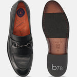 Men's Bugatti kiltie loafer black leather shoes with a round toe and apron toe featuring a stacked heel , a leather outsole.