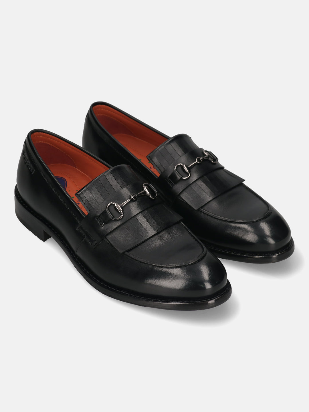 Men's Bugatti kiltie loafer black leather shoes with a round toe and apron toe featuring a stacked heel , a leather outsole.