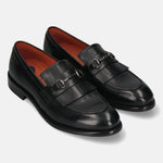 Men's Bugatti kiltie loafer black leather shoes with a round toe and apron toe featuring a stacked heel , a leather outsole.
