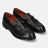 Men's Bugatti kiltie loafer black leather shoes with a round toe and apron toe featuring a stacked heel , a leather outsole.