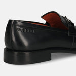 Men's Bugatti kiltie loafer black leather shoes with a round toe and apron toe featuring a stacked heel , a leather outsole.