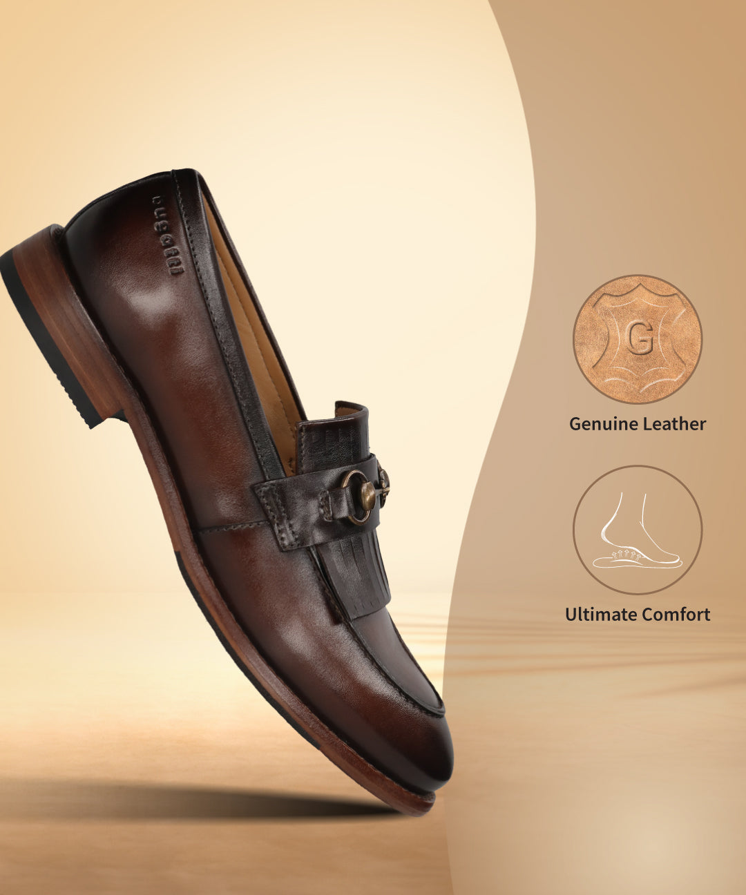 Bugatti Liverta premium leather slip-on shoe in dark brown, shown at an angle, featuring a decorative buckle.