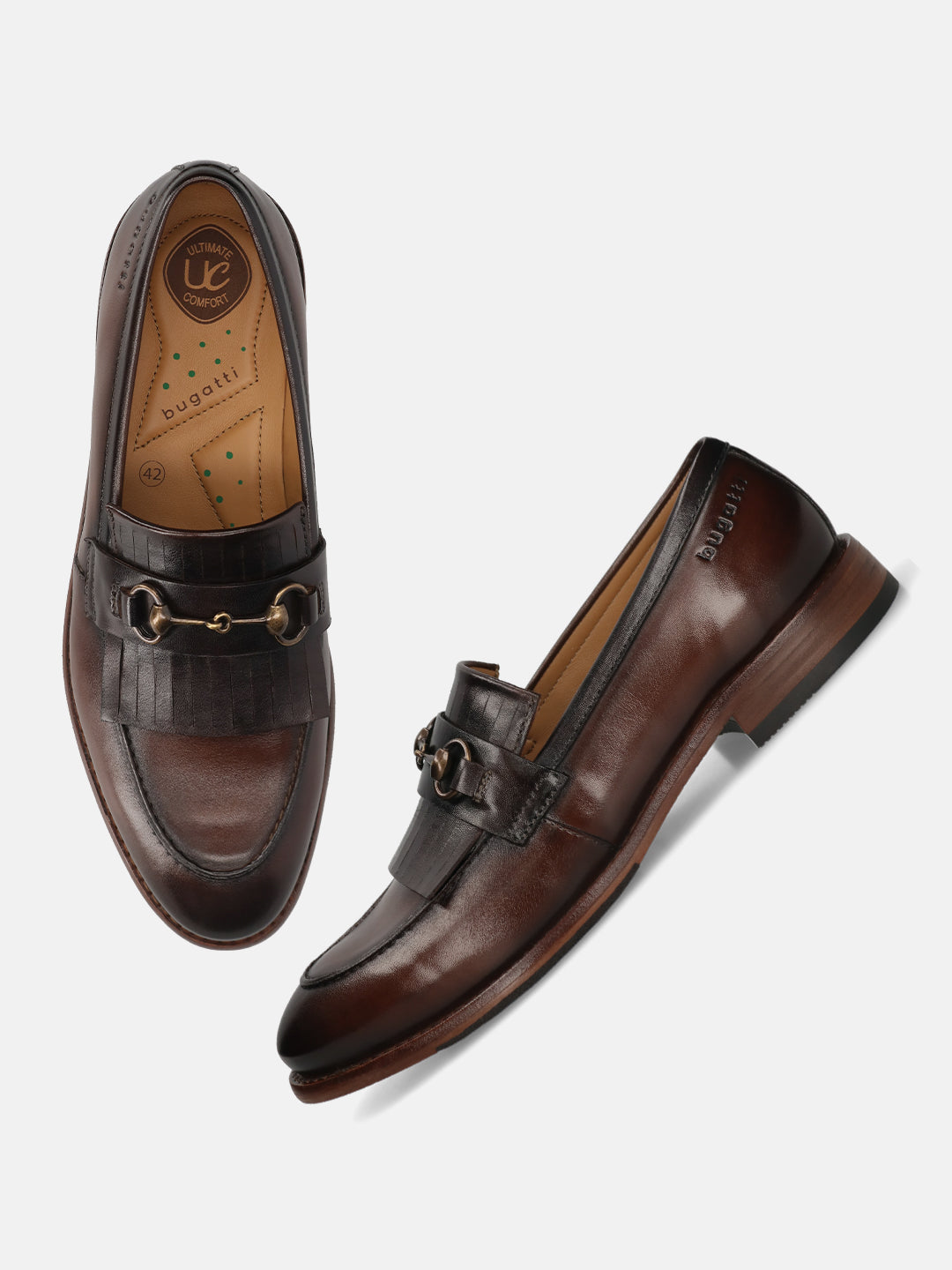 Men's Bugatti kiltie loafer brown leather shoes with a round toe and apron toe featuring a stacked heel , a leather outsole.