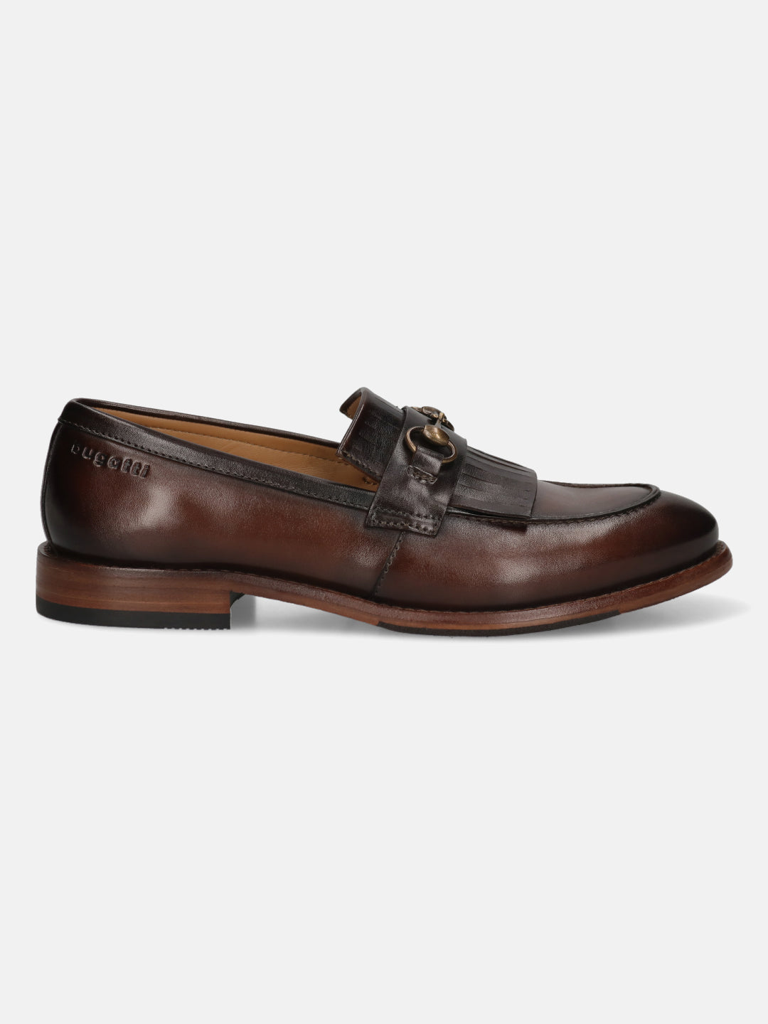 Men's Bugatti kiltie loafer brown leather shoes with a round toe and apron toe featuring a stacked heel , a leather outsole.