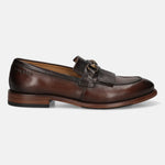Men's Bugatti kiltie loafer brown leather shoes with a round toe and apron toe featuring a stacked heel , a leather outsole.