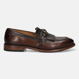 Men's Bugatti kiltie loafer brown leather shoes with a round toe and apron toe featuring a stacked heel , a leather outsole.