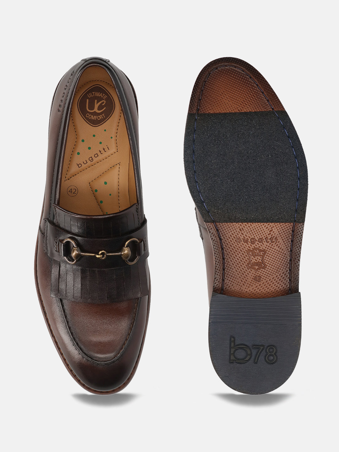 Men's Bugatti kiltie loafer brown leather shoes with a round toe and apron toe featuring a stacked heel , a leather outsole.
