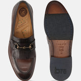 Men's Bugatti kiltie loafer brown leather shoes with a round toe and apron toe featuring a stacked heel , a leather outsole.