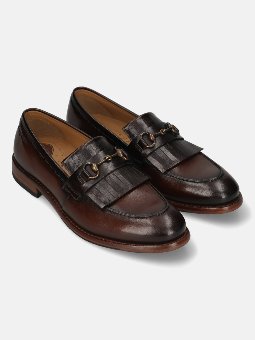 Men's Bugatti kiltie loafer brown leather shoes with a round toe and apron toe featuring a stacked heel , a leather outsole.