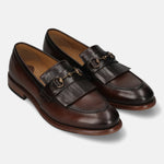 Men's Bugatti kiltie loafer brown leather shoes with a round toe and apron toe featuring a stacked heel , a leather outsole.