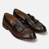 Men's Bugatti kiltie loafer brown leather shoes with a round toe and apron toe featuring a stacked heel , a leather outsole.