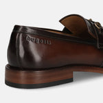 Men's Bugatti kiltie loafer brown leather shoes with a round toe and apron toe featuring a stacked heel , a leather outsole.
