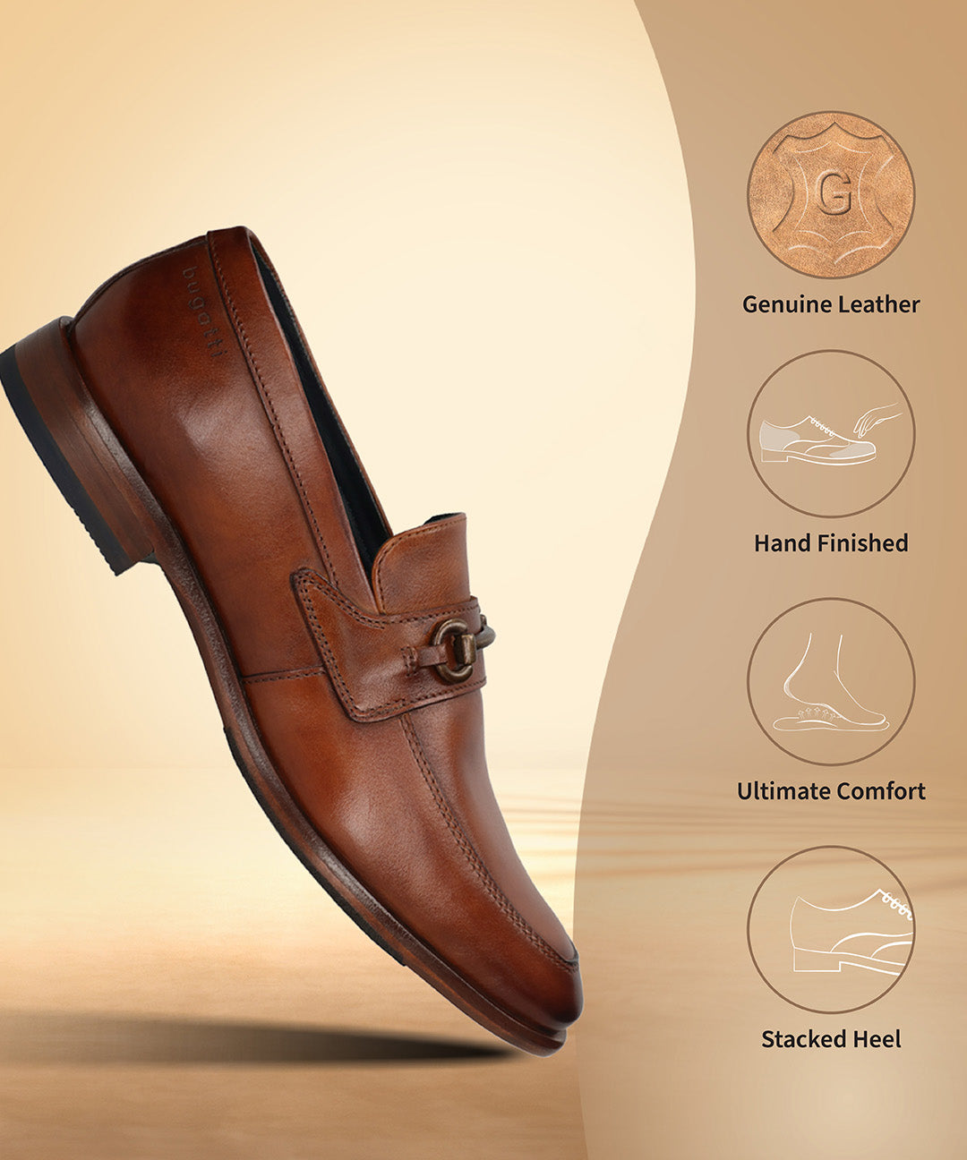 A cognac Men's bugatti Bit Loafer featuring a round toe apron toe, stacked heel. Made from premium genuine leather with a durable leather outsole, this slip-on design offers both style and comfort.