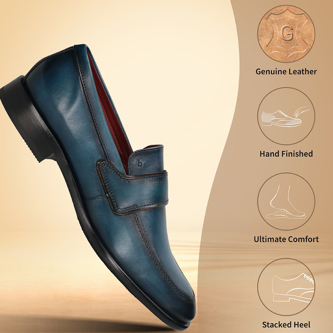 A blue Men's bugatti Penny Loafer featuring a round toe apron toe, stacked heel. Made from premium genuine leather with a durable leather outsole, this slip-on design offers both style and comfort.