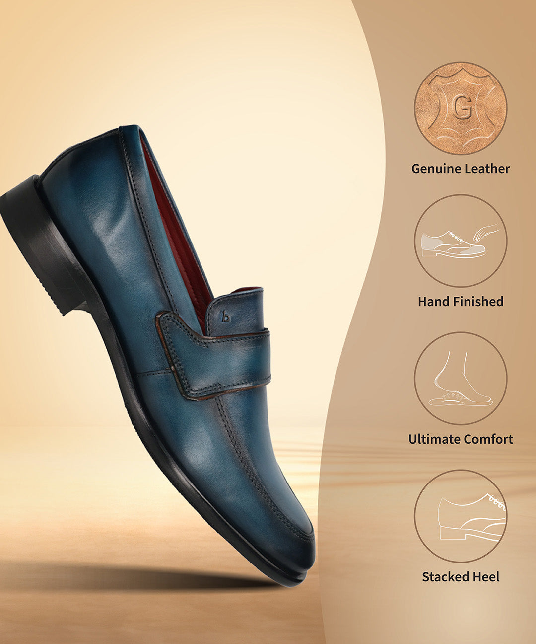 A blue Men's bugatti Penny Loafer featuring a round toe apron toe, stacked heel. Made from premium genuine leather with a durable leather outsole, this slip-on design offers both style and comfort.