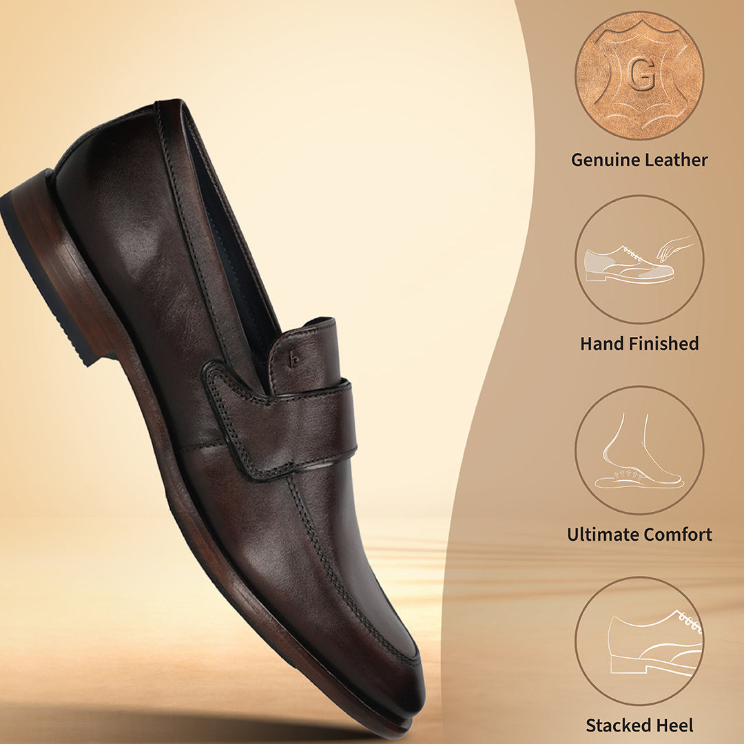 A brown Men's bugatti Penny Loafer featuring a round toe apron toe, stacked heel. Made from premium genuine leather with a durable leather outsole, this slip-on design offers both style and comfort.