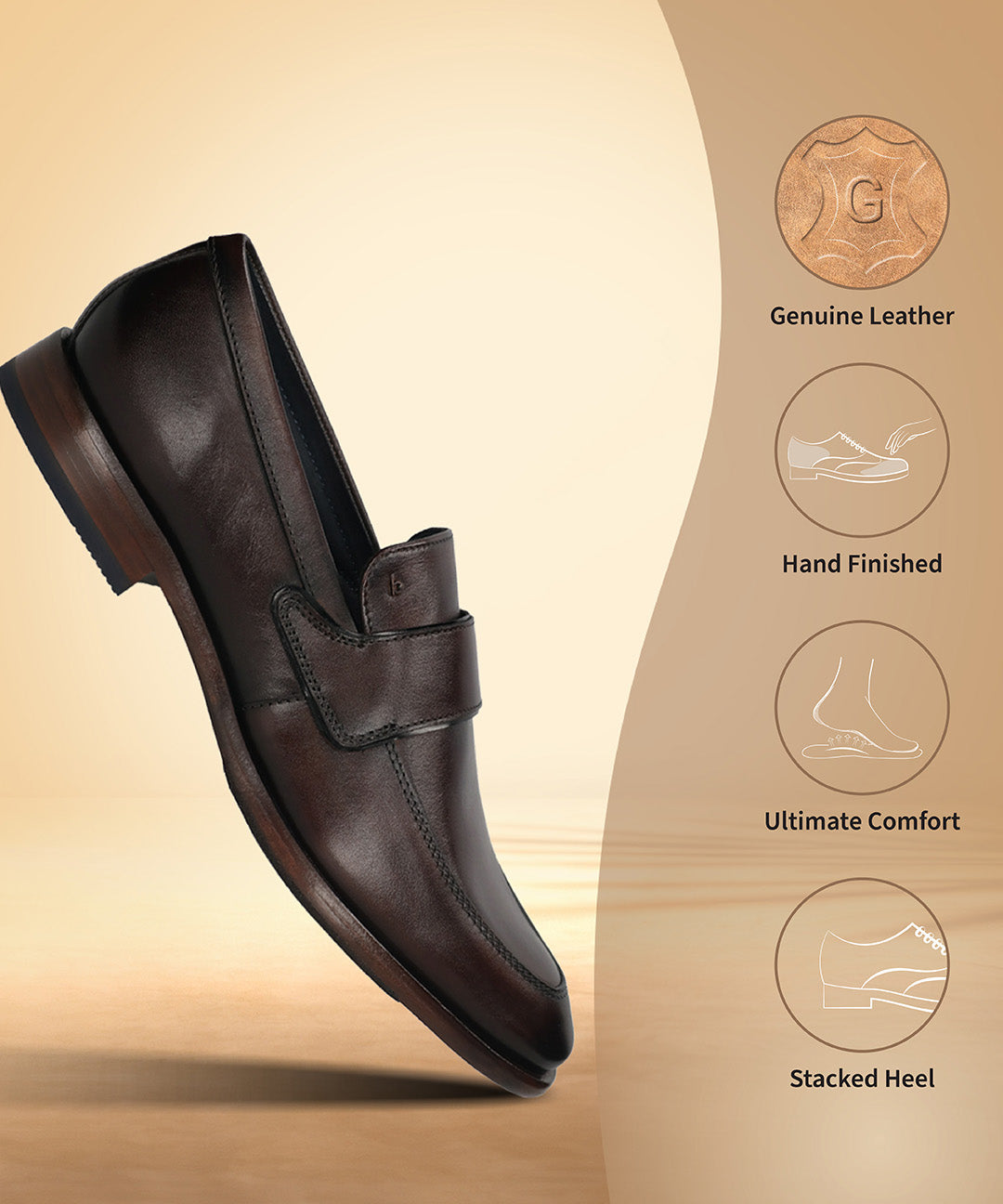 Dark brown leather slip-on shoe by bugatti with a strap and a stacked heel.
