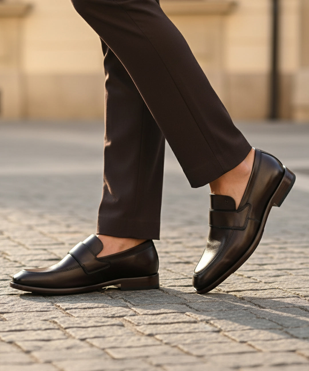 Bugatti Mansueto Flex Revo dark brown leather slip-on shoe, worn with dark brown dress pants.
