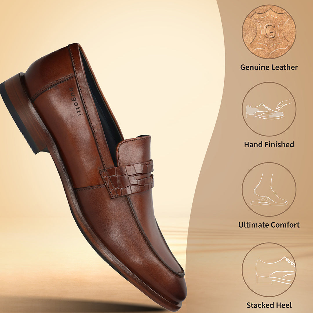 A cognac Men's bugatti Penny Loafer featuring a round toe apron toe, stacked heel. Made from premium genuine leather with a durable leather outsole, this slip-on design offers both style and comfort.