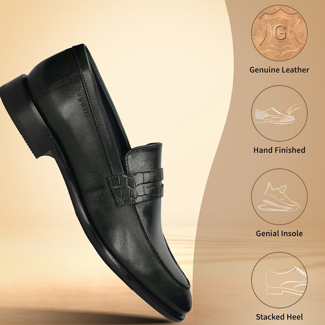 A green Men's bugatti Penny Loafer featuring a round toe apron toe, stacked heel. Made from premium genuine leather with a durable leather outsole, this slip-on design offers both style and comfort.