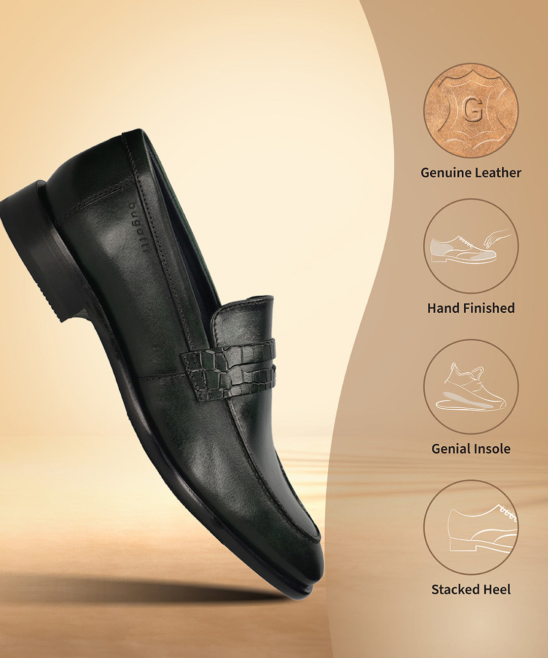Dark green premium leather penny loafer by bugatti, featuring a textured strap.