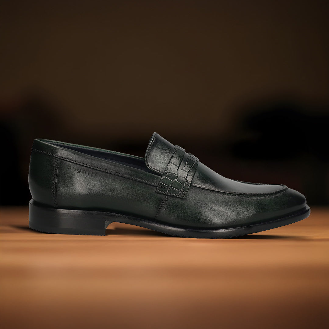 A green Men's bugatti Penny Loafer featuring a round toe apron toe, stacked heel. Made from premium genuine leather with a durable leather outsole, this slip-on design offers both style and comfort.