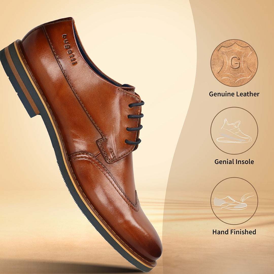 Men's Bugatti derby cognac leather shoes with a round toe and wing tip featuring a stacked heel , a eva outsole , and laces fastening.