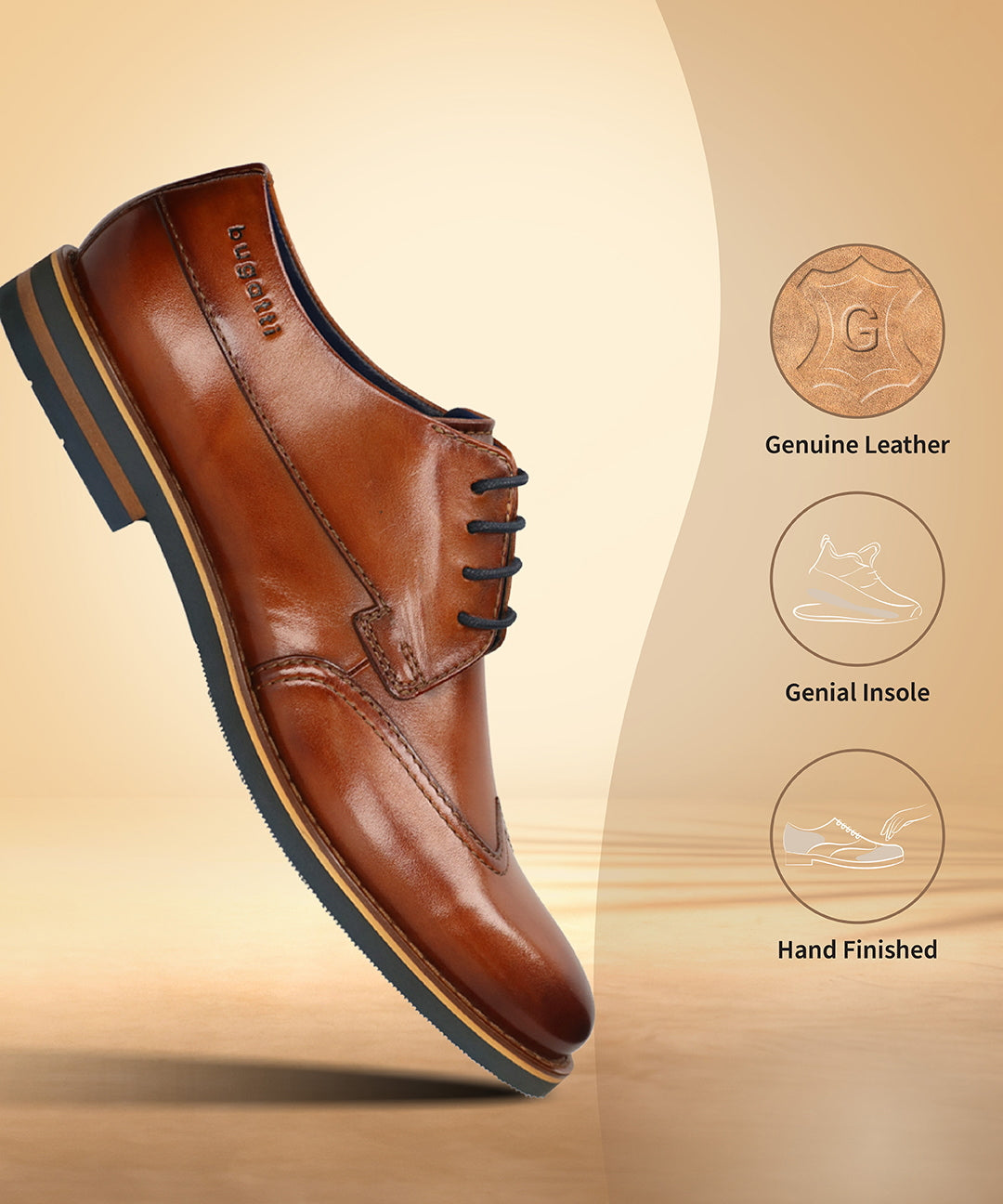 Men's Bugatti derby cognac leather shoes with a round toe and wing tip featuring a stacked heel , a eva outsole , and laces fastening.