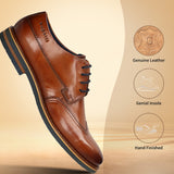 Men's Bugatti derby cognac leather shoes with a round toe and wing tip featuring a stacked heel , a eva outsole , and laces fastening.