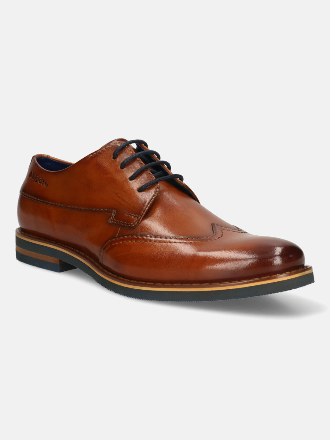 Men's Bugatti derby cognac leather shoes with a round toe and wing tip featuring a stacked heel , a eva outsole , and laces fastening.