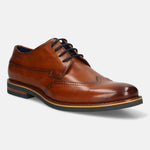 Men's Bugatti derby cognac leather shoes with a round toe and wing tip featuring a stacked heel , a eva outsole , and laces fastening.