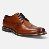 Men's Bugatti derby cognac leather shoes with a round toe and wing tip featuring a stacked heel , a eva outsole , and laces fastening.