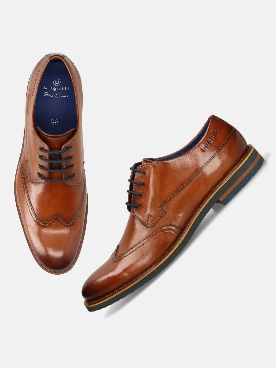 Men's Bugatti derby cognac leather shoes with a round toe and wing tip featuring a stacked heel , a eva outsole , and laces fastening.