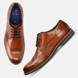 Men's Bugatti derby cognac leather shoes with a round toe and wing tip featuring a stacked heel , a eva outsole , and laces fastening.