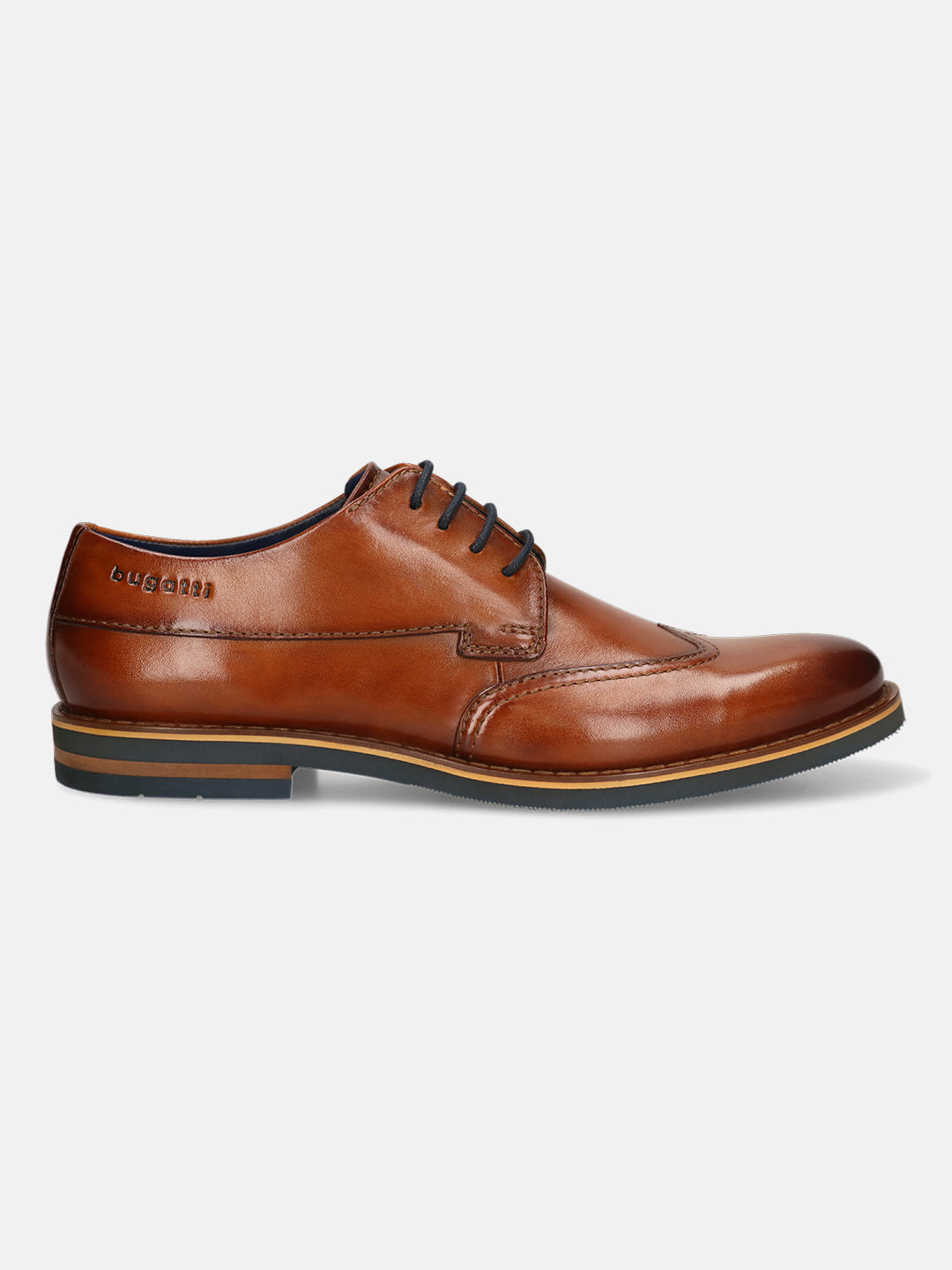 Men's Bugatti derby cognac leather shoes with a round toe and wing tip featuring a stacked heel , a eva outsole , and laces fastening.