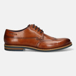 Men's Bugatti derby cognac leather shoes with a round toe and wing tip featuring a stacked heel , a eva outsole , and laces fastening.