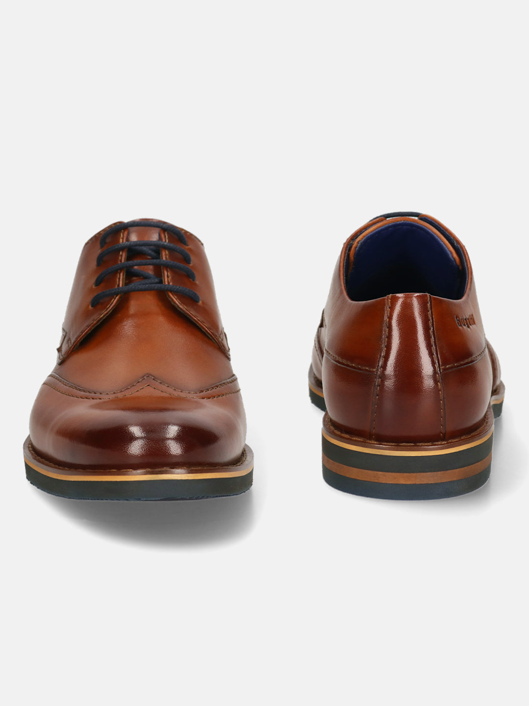 Men's Bugatti derby cognac leather shoes with a round toe and wing tip featuring a stacked heel , a eva outsole , and laces fastening.