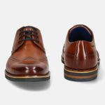 Men's Bugatti derby cognac leather shoes with a round toe and wing tip featuring a stacked heel , a eva outsole , and laces fastening.