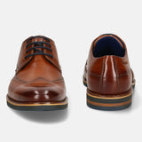 Men's Bugatti derby cognac leather shoes with a round toe and wing tip featuring a stacked heel , a eva outsole , and laces fastening.