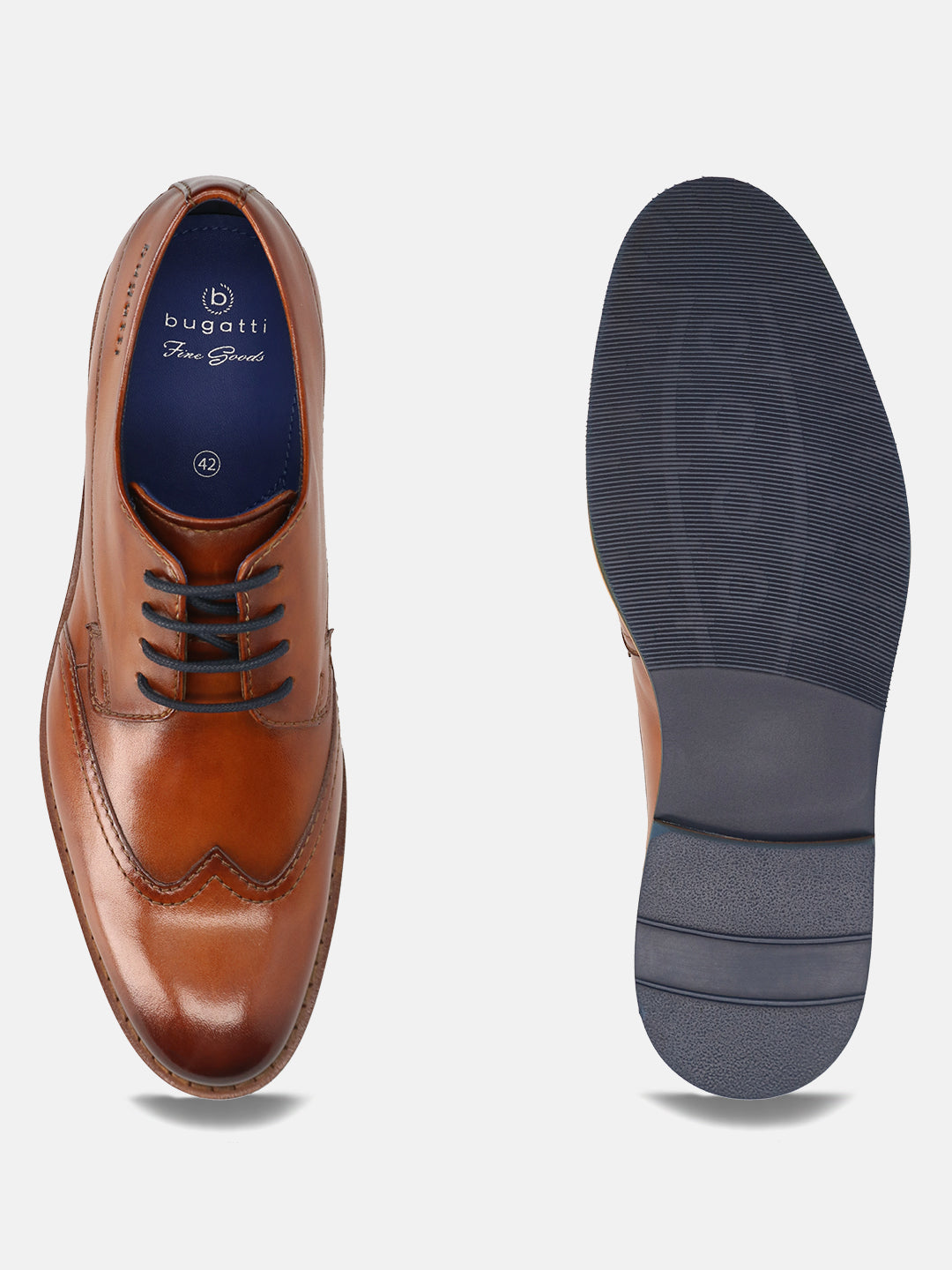 Men's Bugatti derby cognac leather shoes with a round toe and wing tip featuring a stacked heel , a eva outsole , and laces fastening.