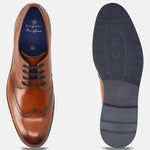 Men's Bugatti derby cognac leather shoes with a round toe and wing tip featuring a stacked heel , a eva outsole , and laces fastening.