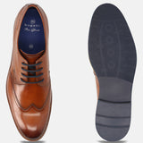 Men's Bugatti derby cognac leather shoes with a round toe and wing tip featuring a stacked heel , a eva outsole , and laces fastening.