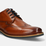 Men's Bugatti derby cognac leather shoes with a round toe and wing tip featuring a stacked heel , a eva outsole , and laces fastening.