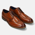 Men's Bugatti derby cognac leather shoes with a round toe and wing tip featuring a stacked heel , a eva outsole , and laces fastening.