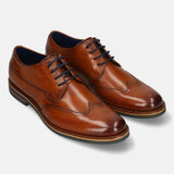 Men's Bugatti derby cognac leather shoes with a round toe and wing tip featuring a stacked heel , a eva outsole , and laces fastening.