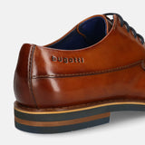 Men's Bugatti derby cognac leather shoes with a round toe and wing tip featuring a stacked heel , a eva outsole , and laces fastening.