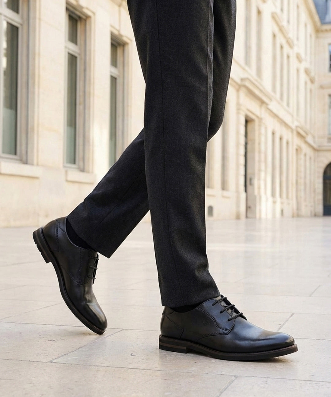 bugatti Laci Light Black premium leather derby shoes with matching trousers and black socks.