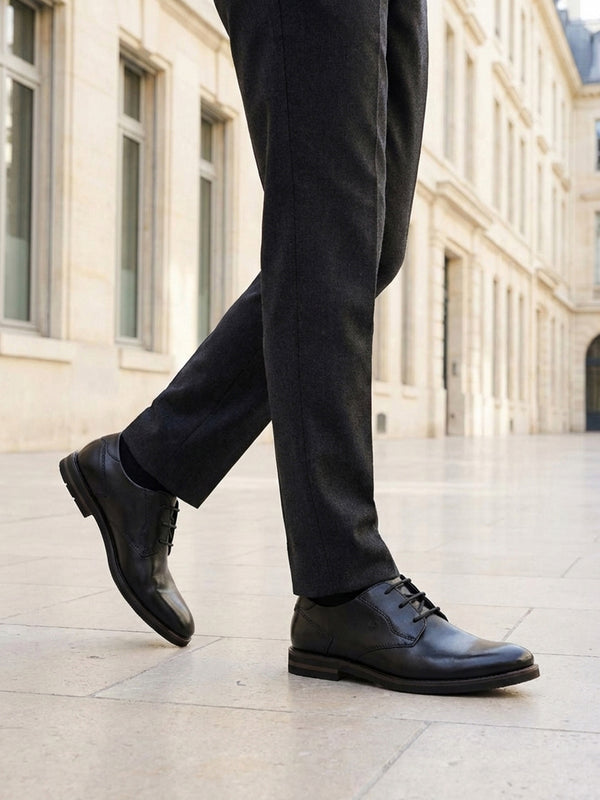 bugatti Laci Light Black premium leather derby shoes with matching trousers and black socks.
